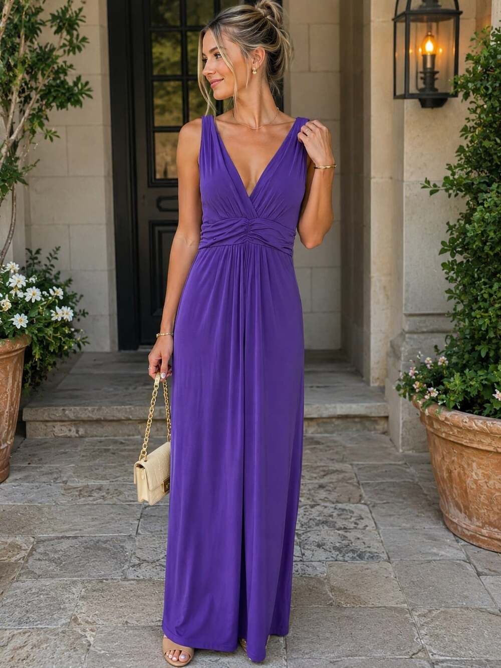 Iman Purple V-Neck Sleeveless Ruched Waist Maxi Dress Size L